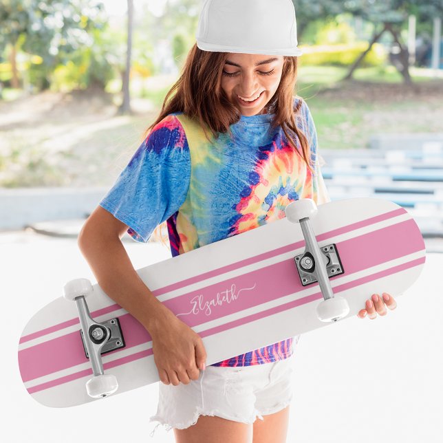 Girly Coola Rosa White Tävla Rand Monogrammad Mini Skateboard Bräda 18,5 Cm (Girly Cool Pink White Racing Stripes Monogrammed Skateboard)