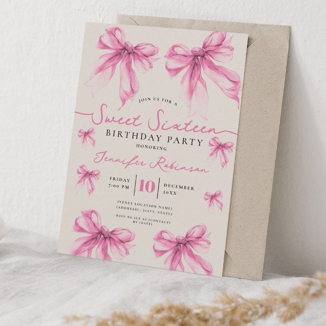 Girly Coquette-båge Sweet 16 Födelsedagsblush Rosa Inbjudningar (Girly Coquette Bow Sweet 16 Birthday Blush Pink Invitation)