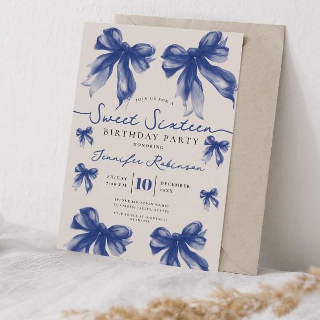 Girly Coquette Bow Sweet 16 Födelsedag Navyblå   Inbjudningar (Girly Coquette Bow Sweet 16 Birthday Navy Blue Invitation)