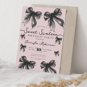 Girly Coquette Bow Sweet 16 Födelsedag Svart Blush Inbjudningar