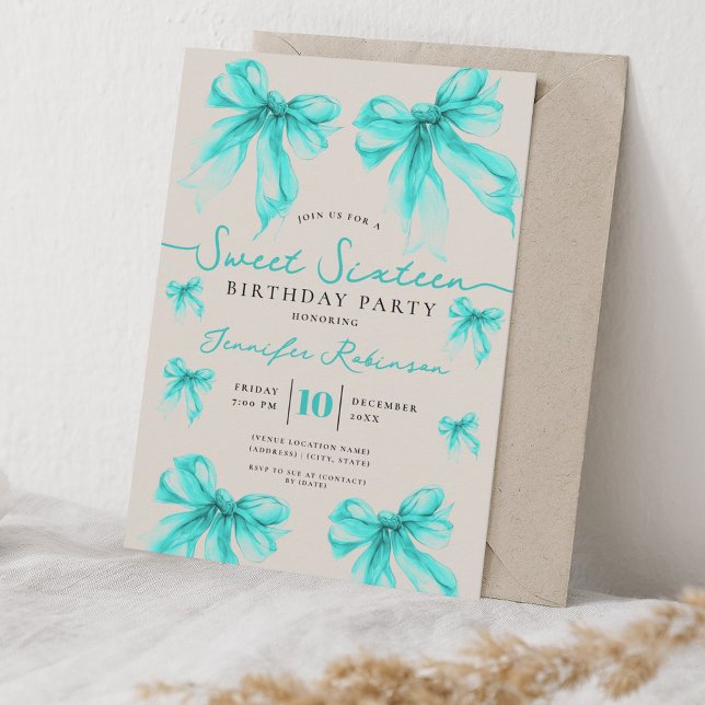 Girly Coquette Bow Sweet 16 Födelsedag Turquoise  Inbjudningar (Girly Coquette Bow Sweet 16 Birthday Turquoise Invitation)