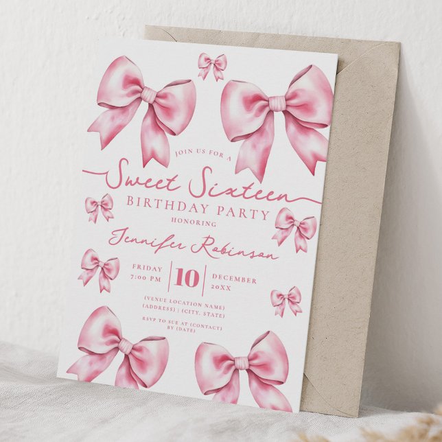 Girly Coquette Bow Sweet 16 Födelsedags Blush Rosa Inbjudningar (Girly Coquette Bow Sweet 16 Birthday Blush Pink Invitation)