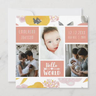 Girly Coral Blommigt Fold Photo Collage Birth Meddelande