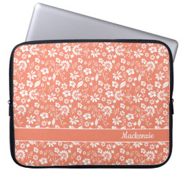 Girly Coral Peach Tropical Flowers Monogram Laptop Fodral