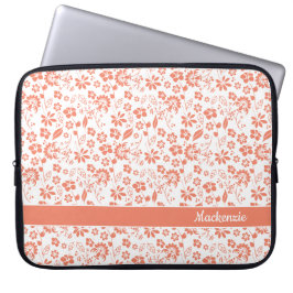 Girly Coral Peach Tropical Flowers Monogram Laptop Fodral