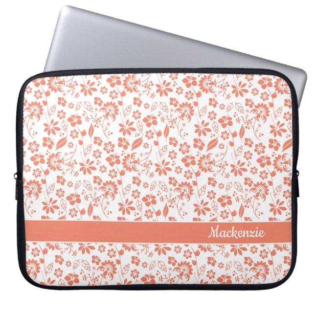 Girly Coral Peach Tropical Flowers Monogram Laptop Fodral (Framsidan)
