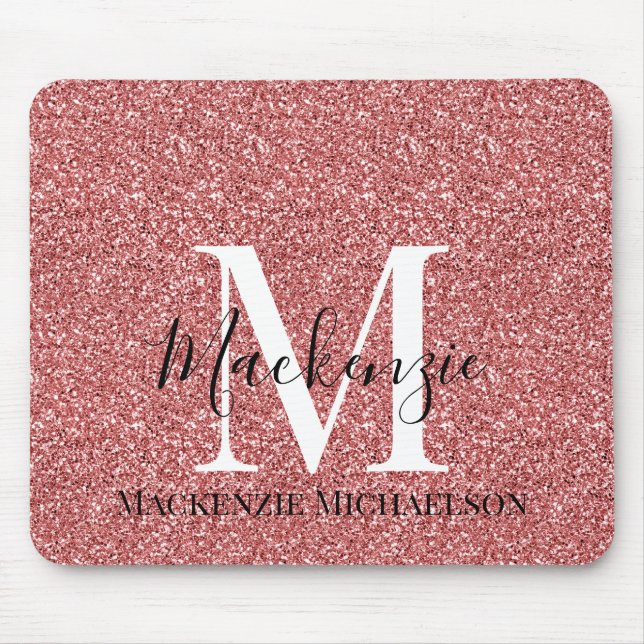 Girly Coral Red Glitter Monogram Namn Musmatta (Framsidan)