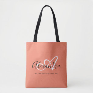 Girly Coral Rosa White Elegant Script Monogram Tygkasse