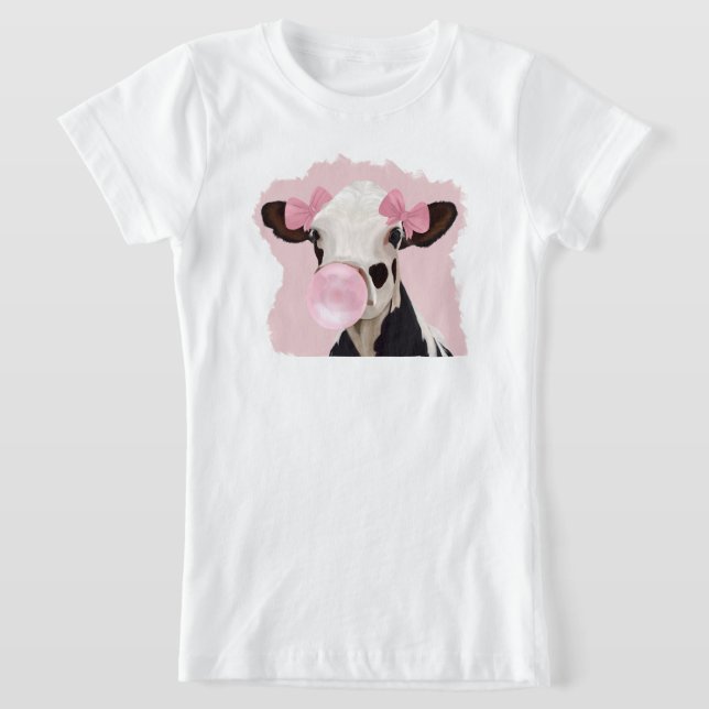 Girly Cow Blowing Rosa Bubblegum Bubble T Shirt (Laydown)