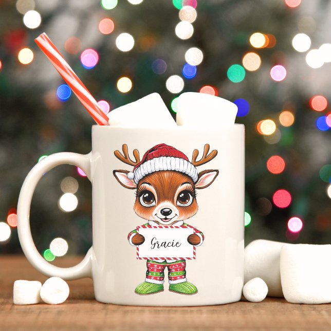 Girly Cute Baby Reindeer Mugg (Christmas reindeer mug with personalized sign.)