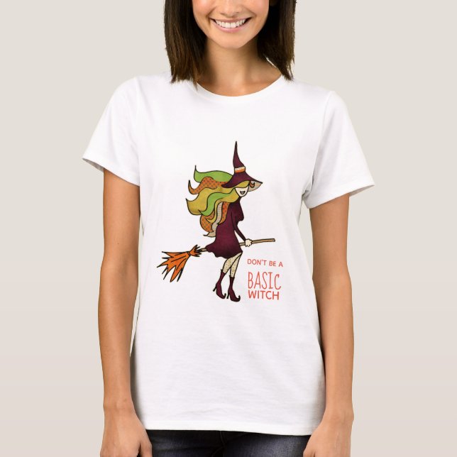 Girly Cute Basic Halloween Witch Broomstick T Shirt (Framsida)