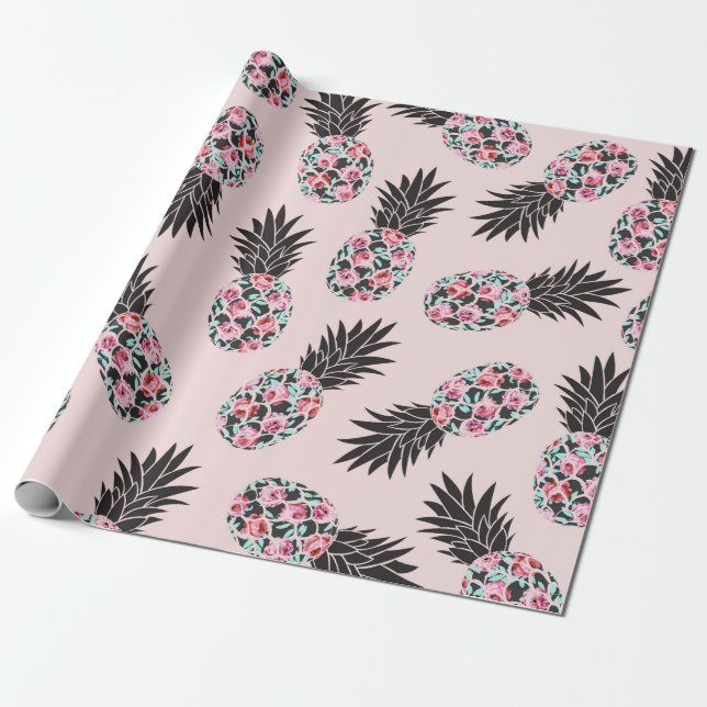 Girly Cute Blommigt Rosa Black Pineapple Mönster Presentpapper (Utrullad)