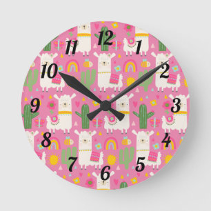 Girly Cute Llamas Grönt Cactus Rainbows Rosa Rund Klocka