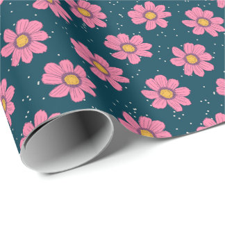Girly Cute Modern Blue Rosa Blommigt Flowers Presentpapper