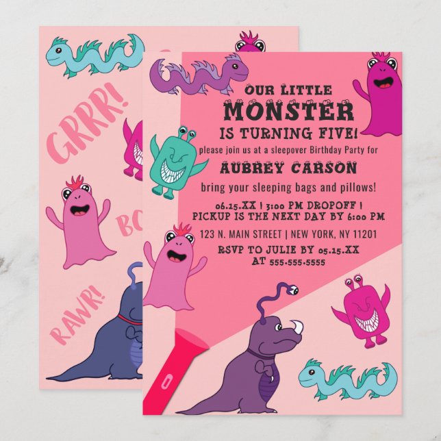 Girly Cute Monster Flashlight Sleepover Birthday Inbjudningar (Fram/baksida)