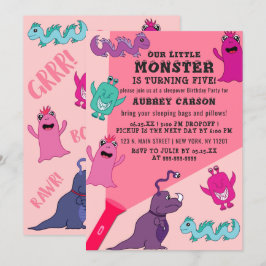 Girly Cute Monster Flashlight Sleepover Birthday Inbjudningar