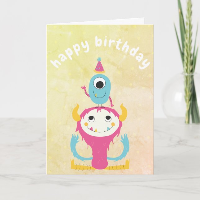 Girly Cute Monster Storlek Birthday Rosa Gult Kort (Framsida)