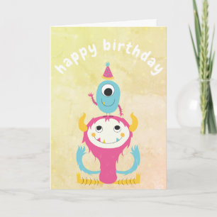Girly Cute Monster Storlek Birthday Rosa Gult Kort
