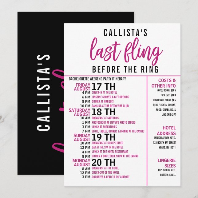 Girly Cute Rosa Black Bachelorette Party Itinerary Inbjudningar (Fram/baksida)