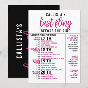 Girly Cute Rosa Black Bachelorette Party Itinerary Inbjudningar