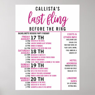 Girly Cute Rosa Black Bachelorette Party Itinerary Poster