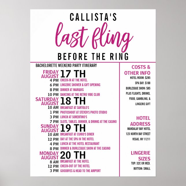 Girly Cute Rosa Black Bachelorette Party Itinerary Poster (Framsidan)
