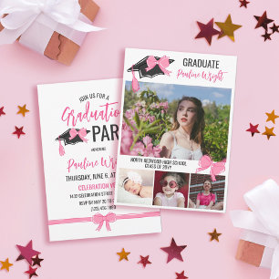 Girly Cute Rosa Bows Photos Studenten Firande Inbjudningar