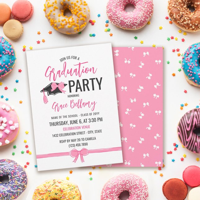Girly Cute Rosa Bows Studenten Firande Inbjudningar (Skapare uppladdad)
