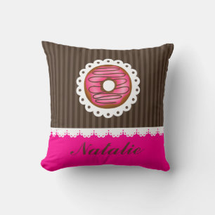 Girly Cute Rosa & Brown Donut Personlig Namn Kudde