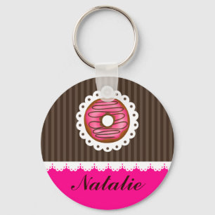 Girly Cute Rosa & Brown Donut Personlig Namn Nyckelring