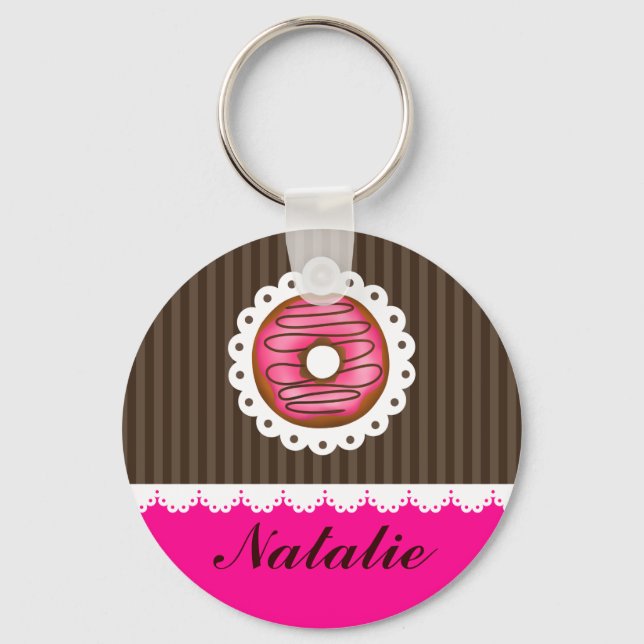 Girly Cute Rosa & Brown Donut Personlig Namn Nyckelring (Framsida)