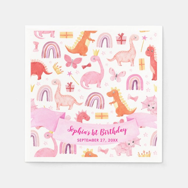 Girly Cute Rosa Ribbon Baby Dinosaur Barns födelse Pappersservett (Framsidan)