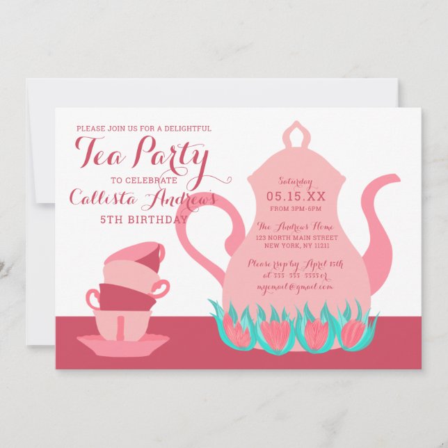 Girly Cute Rosa Teal Blommigt Tea Party Birthday Inbjudningar (Framsida)