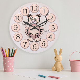 Girly Cute Tiger Rosa Princess Wall Clock Stor Klocka