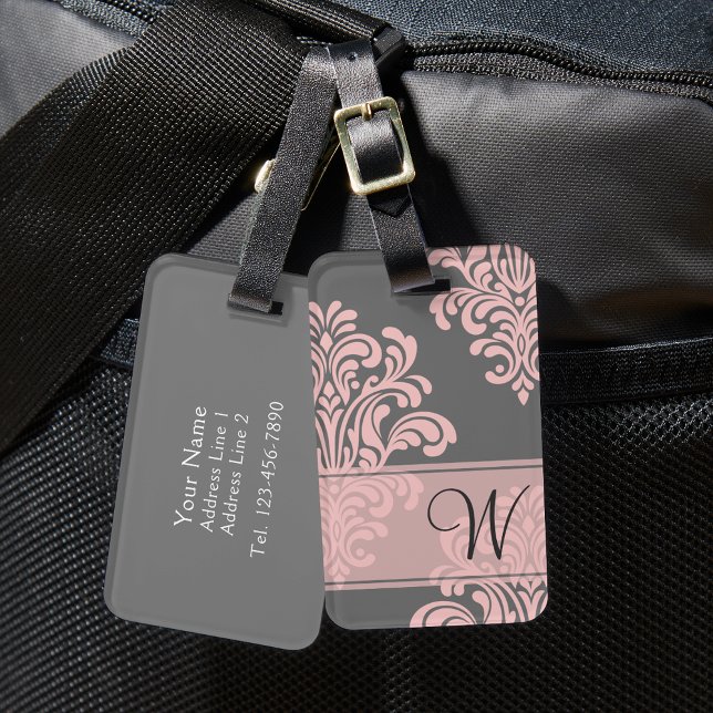 Girly Damask Monogram Bagagebricka (Skapare uppladdad)