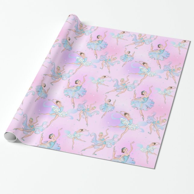 Girly Dancing Ballerinas with Aqua Rosa Mönster Presentpapper (Utrullad)