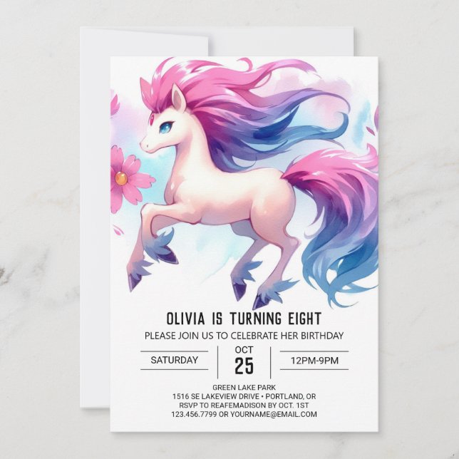 Girly Digital Horse Birthday Inbjudningar (Framsida)