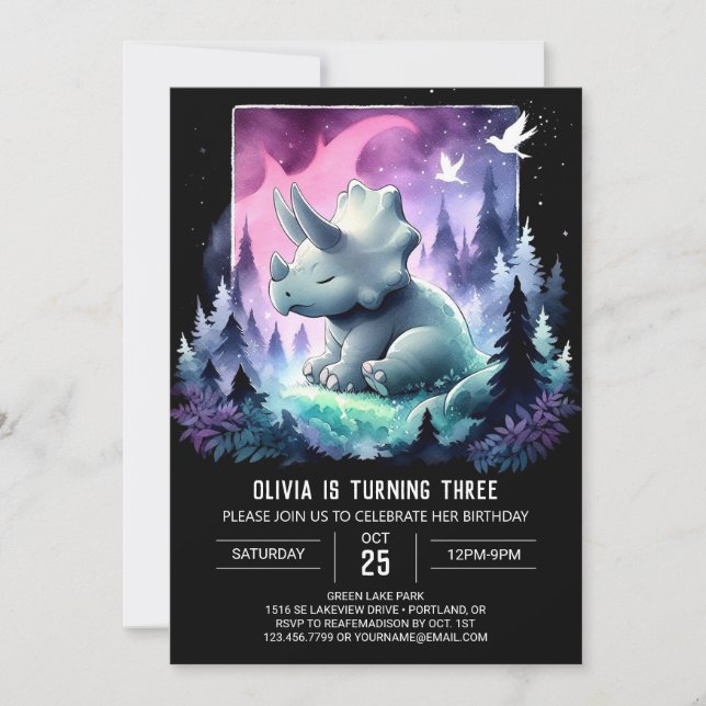 Girly Dinosaur Triceratops Birthday Inbjudningar (Framsida)