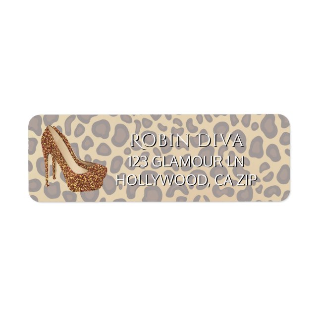 Girly Diva Leopard Skriv ut | Glam High Heel Shoes Returadress Etikett (Framsidan)