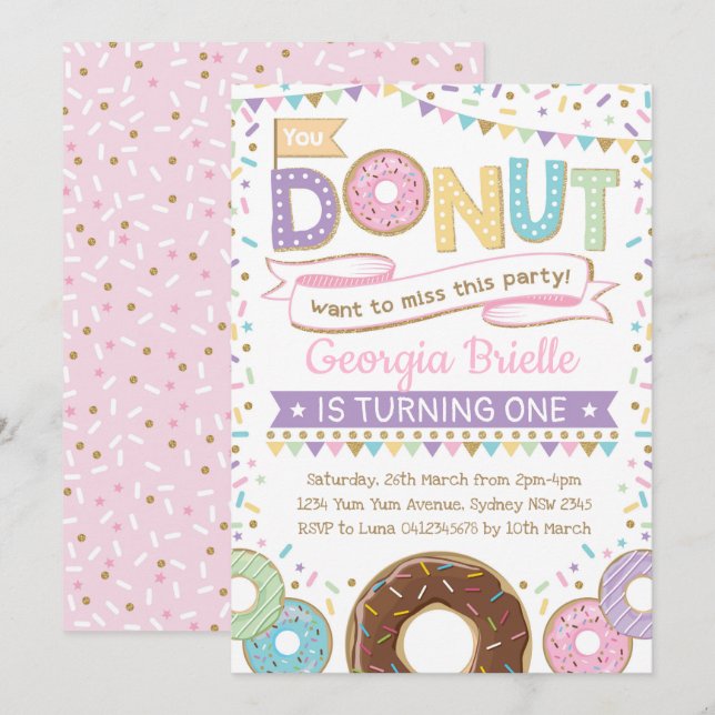 Girly Donut-inbjudan, ringmutsfågel från födelseda Inbjudningar (Fram/baksida)