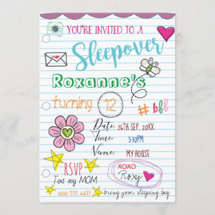 Girly Doodle Sleepover/födelsedagsinbjudan Inbjudningar