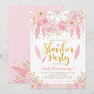 Girly Dreamcatcher Rosa Guld Blommigt Slumber Part Inbjudningar