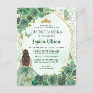 Girly Dusty Grönt Guld Blommigt Princess Quinceañe Inbjudan Vykort