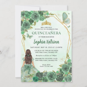 Girly Dusty Grönt Guld Blommigt Princess Quinceañe Inbjudningar