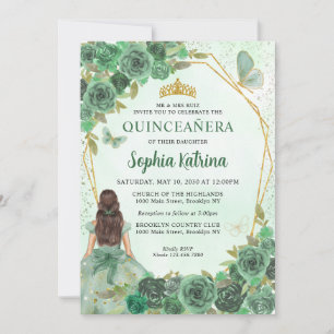 Girly Dusty Grönt Guld Blommigt Princess Quinceañe Inbjudningar