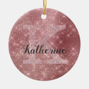 Girly Dusty Guld Glam Gnistra Monogram Namn Julgransprydnad Keramik