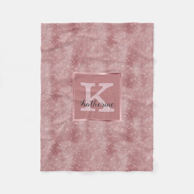 Girly Dusty Ro Guld Glam Diamond Monogram Namn Fleecefilt (Framsidan)
