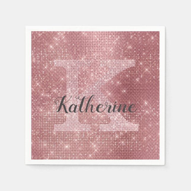 Girly Dusty Ro Guld Rosa Diamond Monogram Namn Pappersservett (Framsidan)