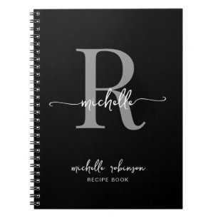 Girly Elegant Black Grått Cookbook Recipe Monogram Anteckningsbok
