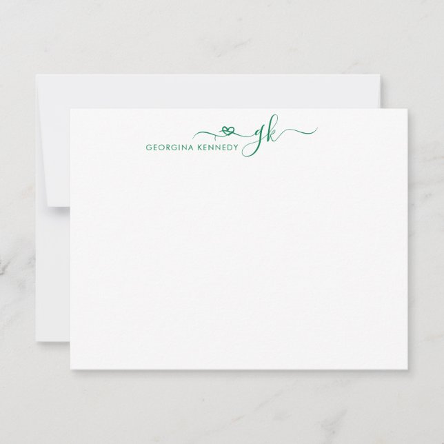 Girly Elegant Heart Script 2 Monogram Forest Grönt Anteckningskort (Framsida)
